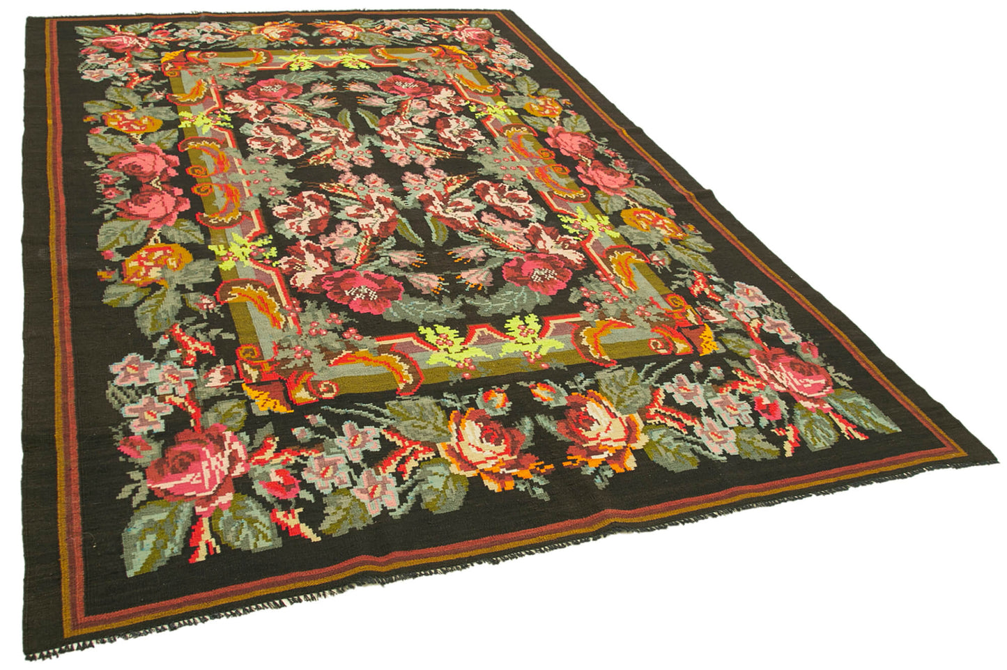 7x11 Black Vintage Moldovan Kilim Rug - 23347