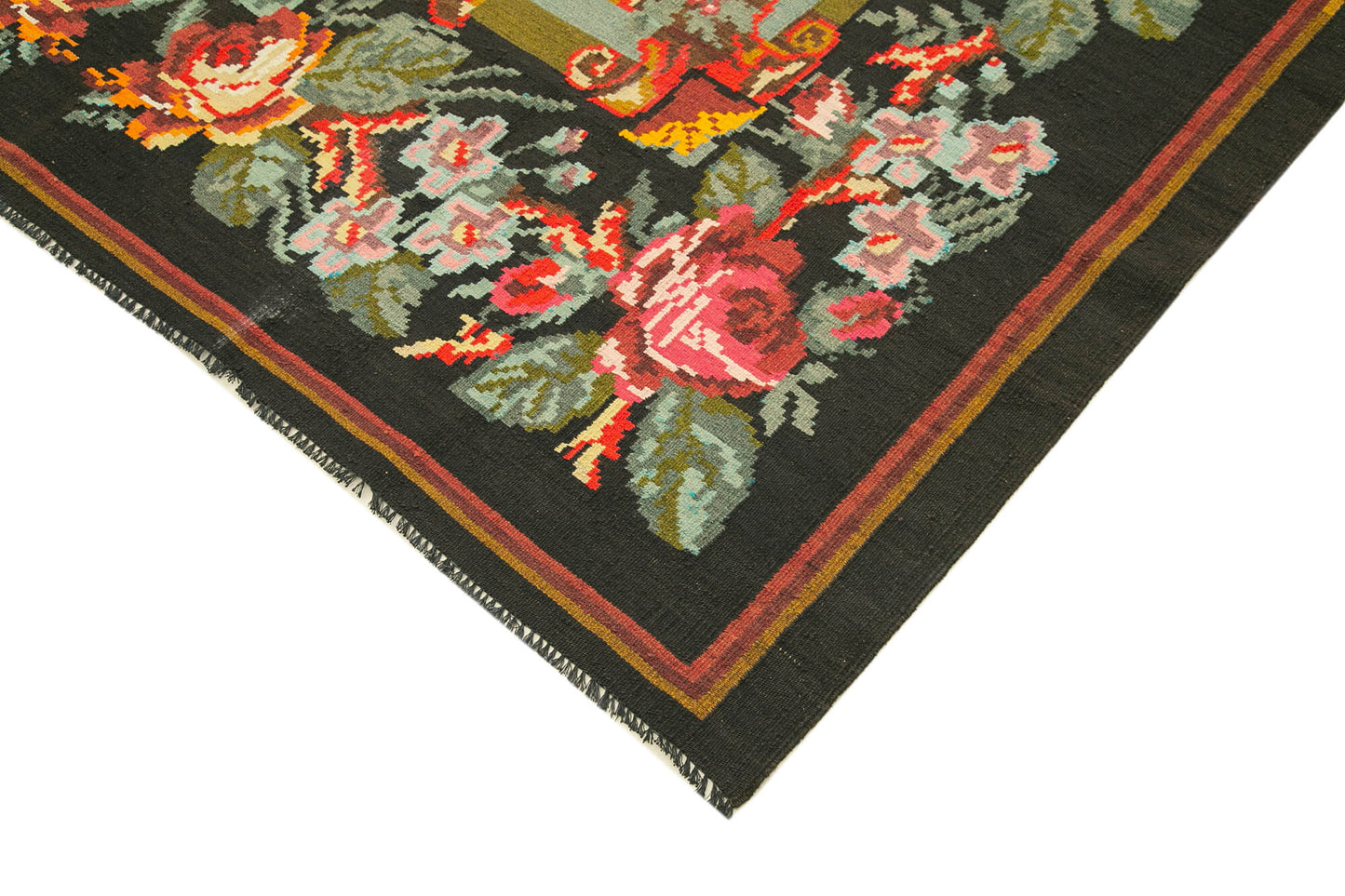 7x11 Black Vintage Moldovan Kilim Rug - 23347