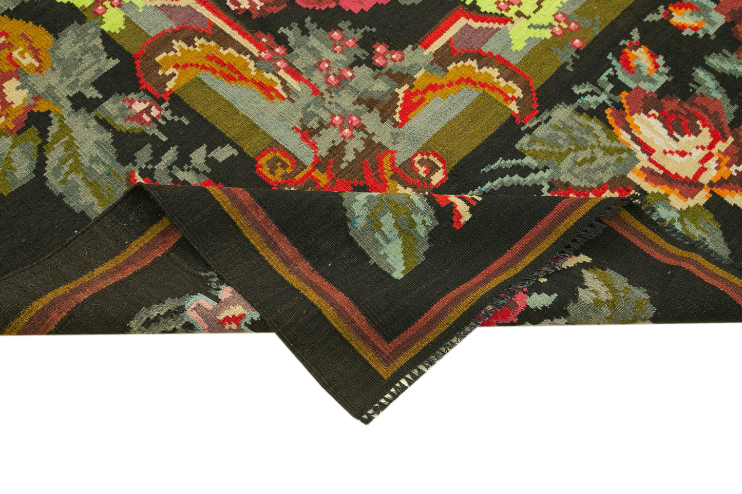 7x11 Black Vintage Moldovan Kilim Rug - 23347